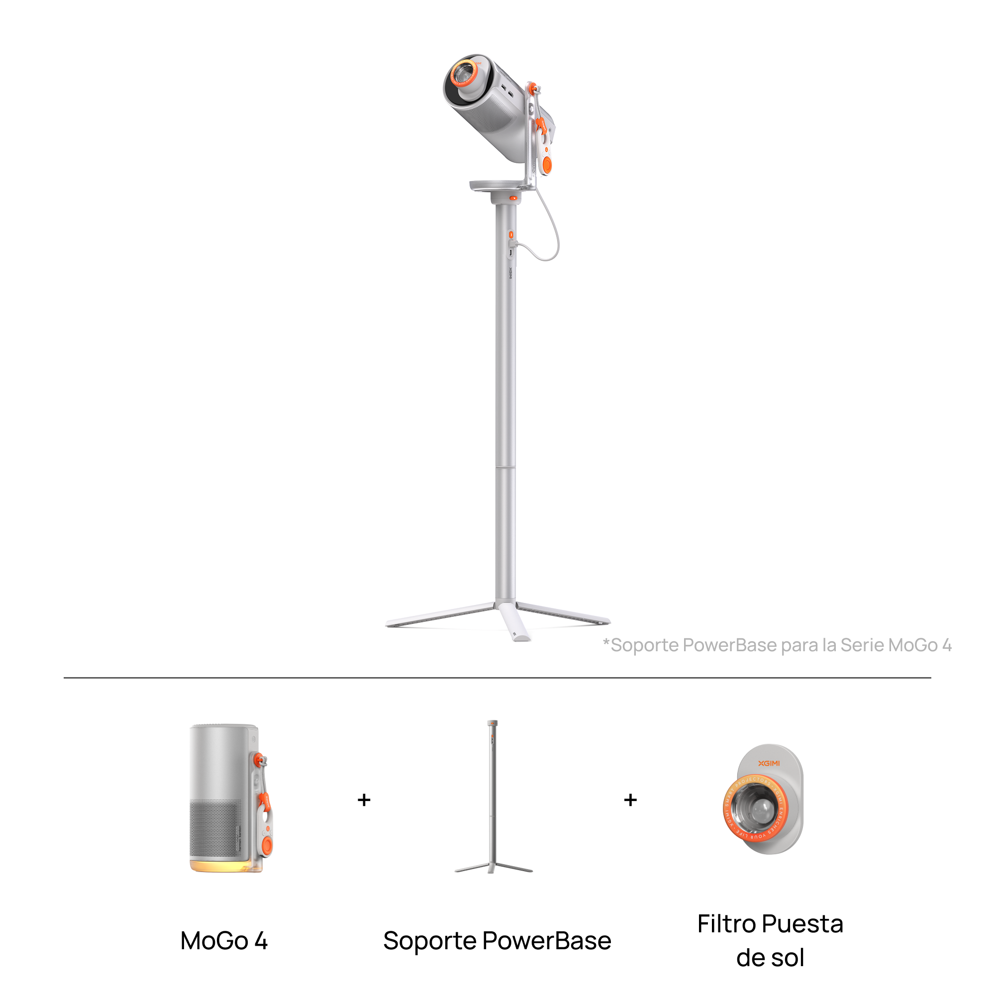 XGIMI MoGo 4 + Soporte PowerBase: Un proyector inteligente 1080p compacto con un soporte de suelo que incorpora una batería integrada para prolongar el tiempo de reproducción.