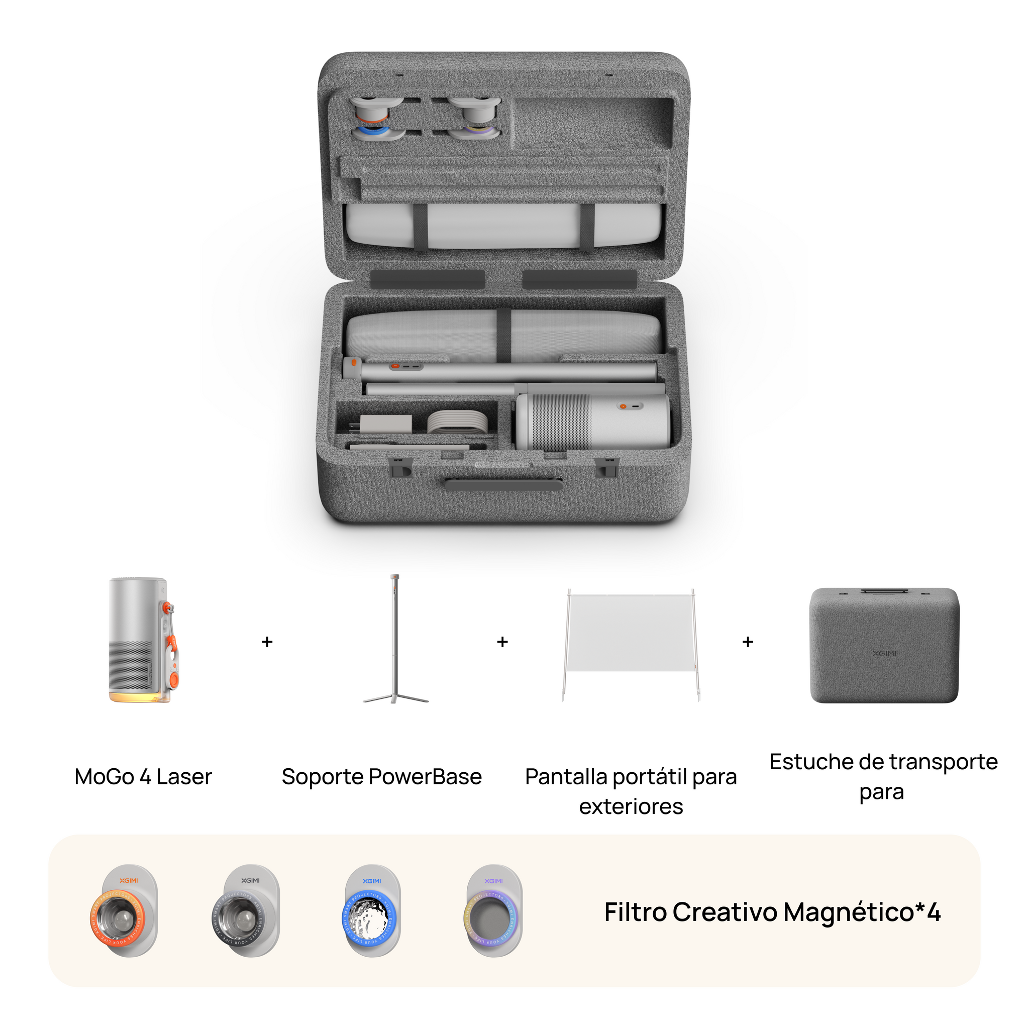 La colección XGIMI MoGo 4 Laser Outdoor se compone de un proyector láser portátil, un soporte PowerBase, una pantalla para exteriores, una funda de transporte y cuatro filtros.