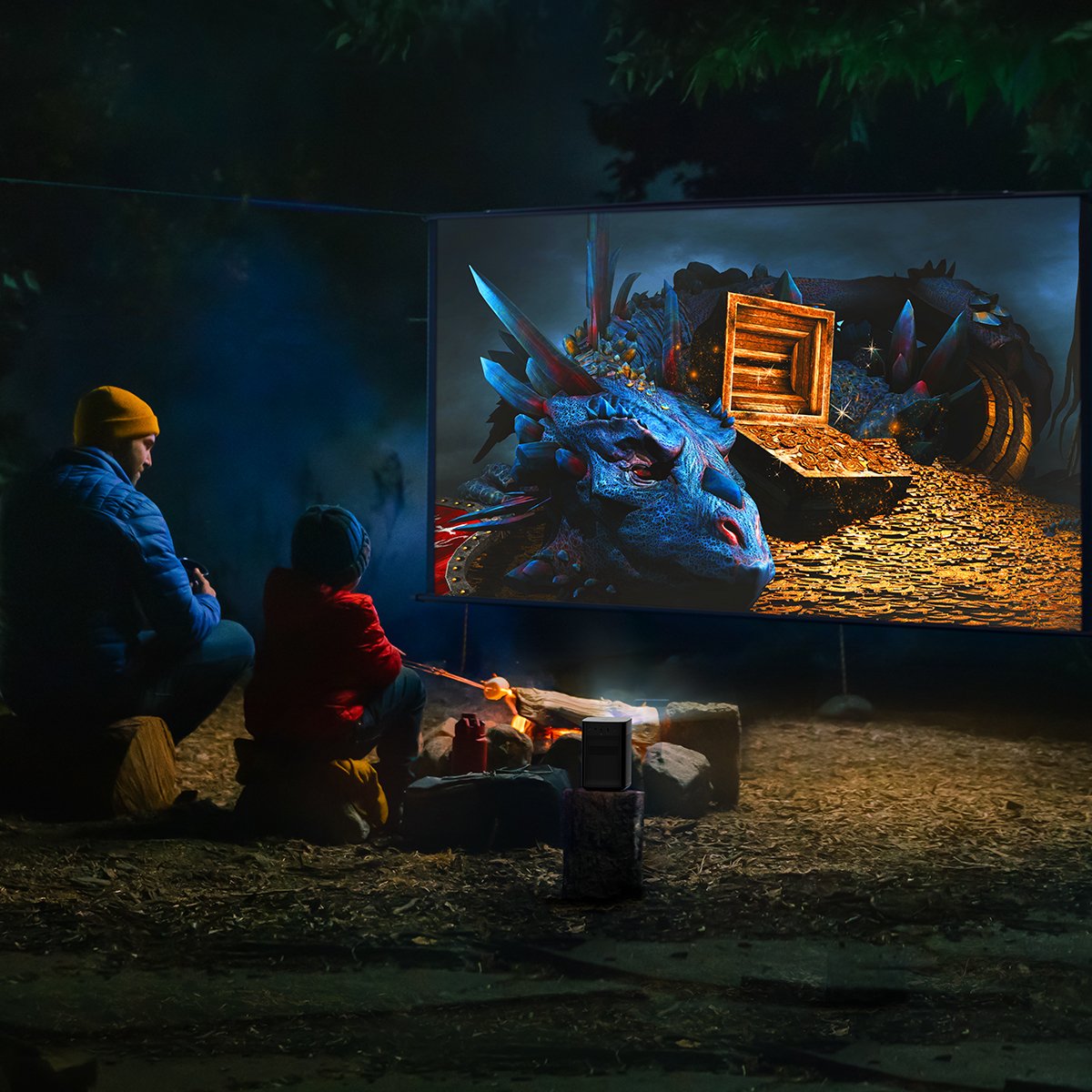 Disfrute del entretenimiento en el camping con el proyector portátil Halo+ 1080p FHD